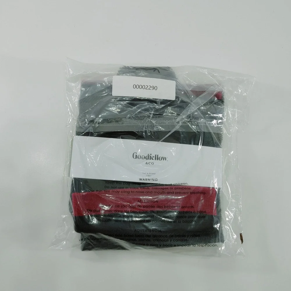 Goodfellow Co‎ Mens Knit Beanie Hat and Scarf Set Black Red Stripe Pom Pom
